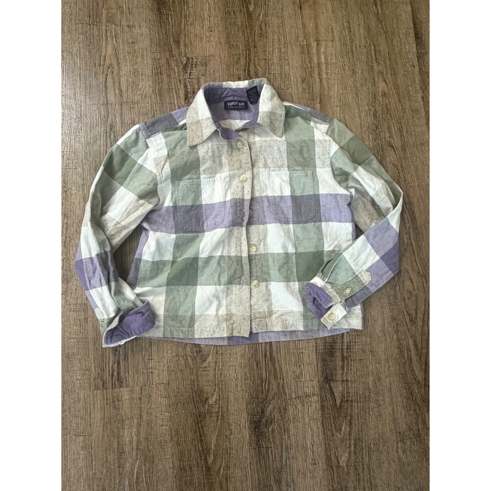 Krazy Kat Essential Shirts Womens Small Purple Green Plaid Cotton Button DownTop